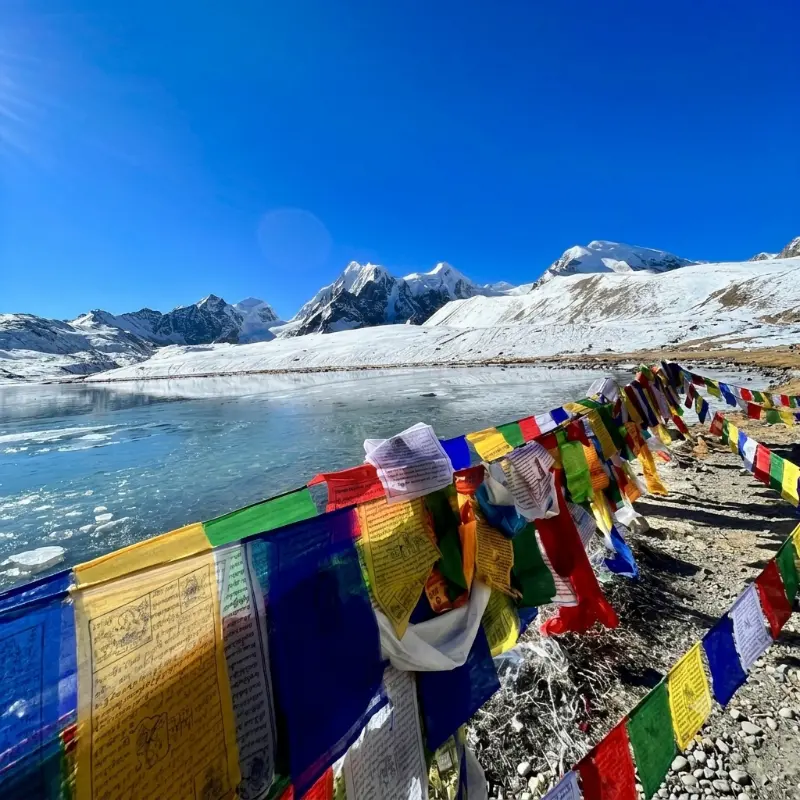 Mountain lake with prayer flags