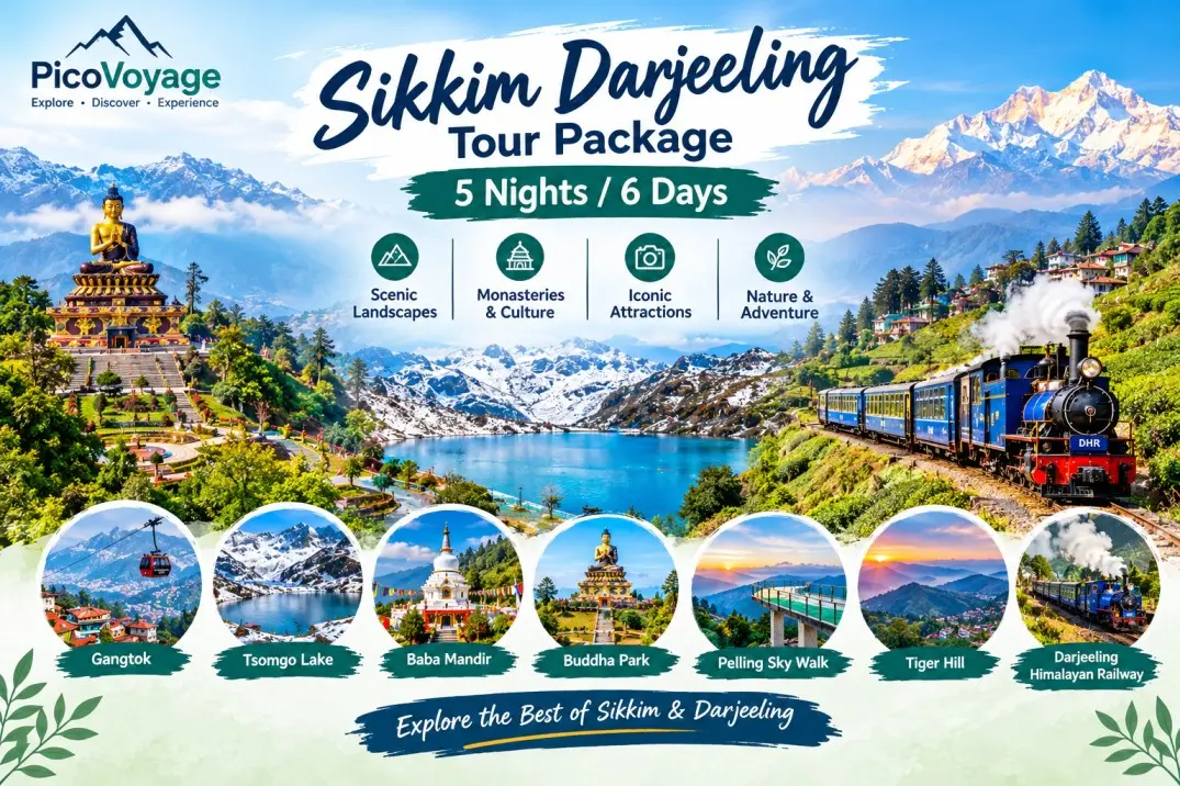 Sikkim Darjeeling Tour Package 5 Nights 6 Days – Gangtok, Tsomgo Lake, Baba Mandir, Buddha Park, Pelling Sky Walk and Tiger Hill with PicoVoyage.