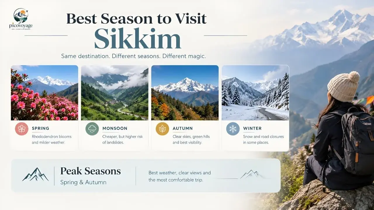 “Best Season to Visit Sikkim,” comparing spring, monsoon, autumn, and winter through scenic Himalayan landscapes. Spring features blooming rhododendrons and mild weather, monsoon brings lush green valleys with a higher risk of landslides, autumn offers clear skies and excellent mountain views, and winter showcases snow-covered mountains with possible road closures. The infographic highlights spring and autumn as the peak seasons for comfortable travel and beautiful scenery.