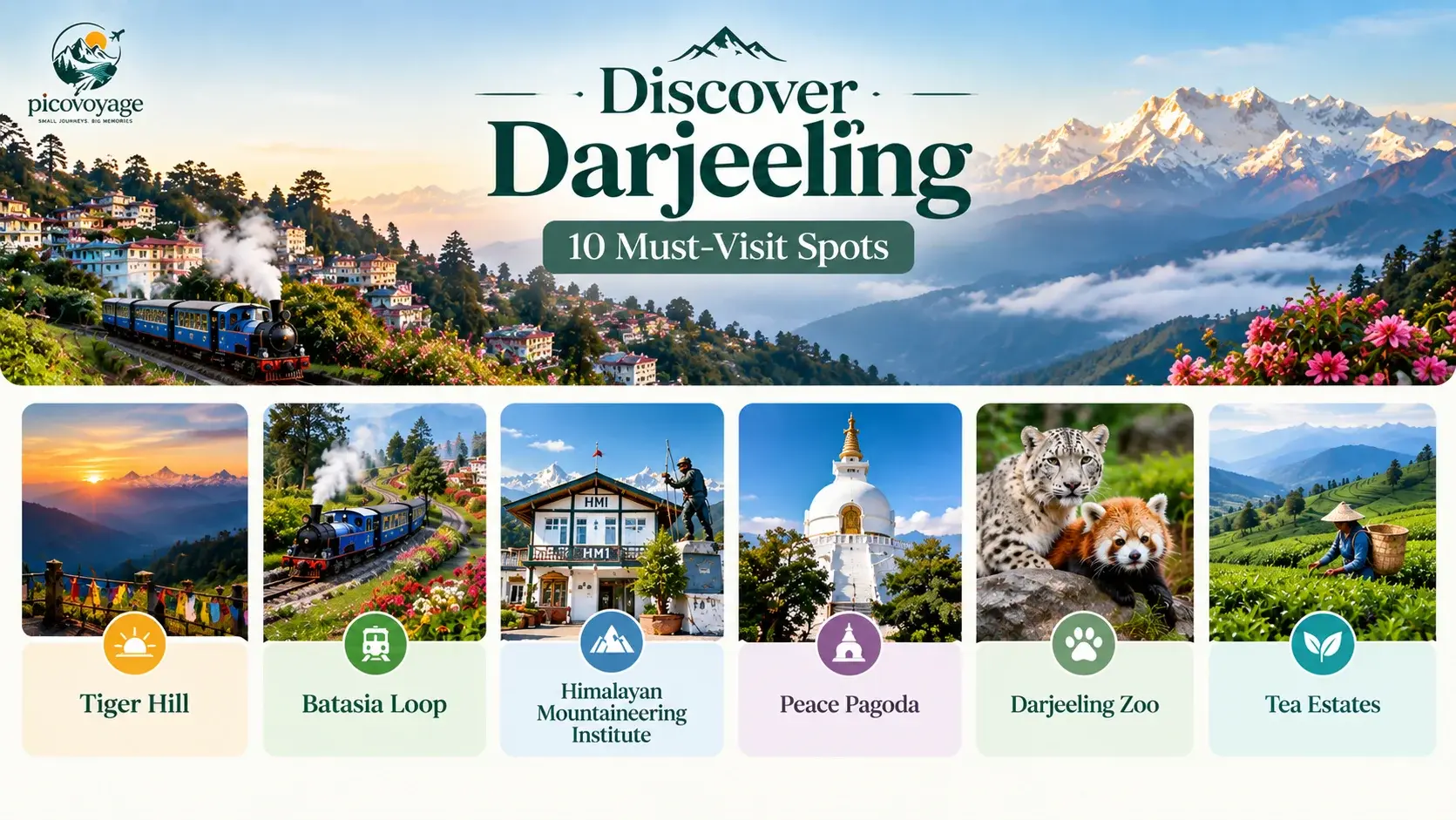 featuring Himalayan mountains, a toy train, and six attractions: Tiger Hill, Batasia Loop, Himalayan Mountaineering Institute, Peace Pagoda, Darjeeling Zoo, and lush green tea estates.