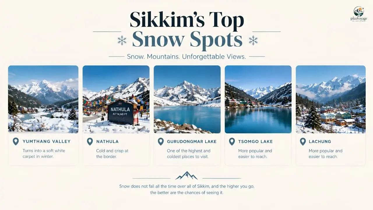 Infographic showcasing Sikkim’s top snow destinations, including Yumthang Valley, Nathula, Gurudongmar Lake, Tsomgo Lake, and Lachung, with scenic snow-covered mountains, frozen lakes, winter landscapes, and brief travel tips.