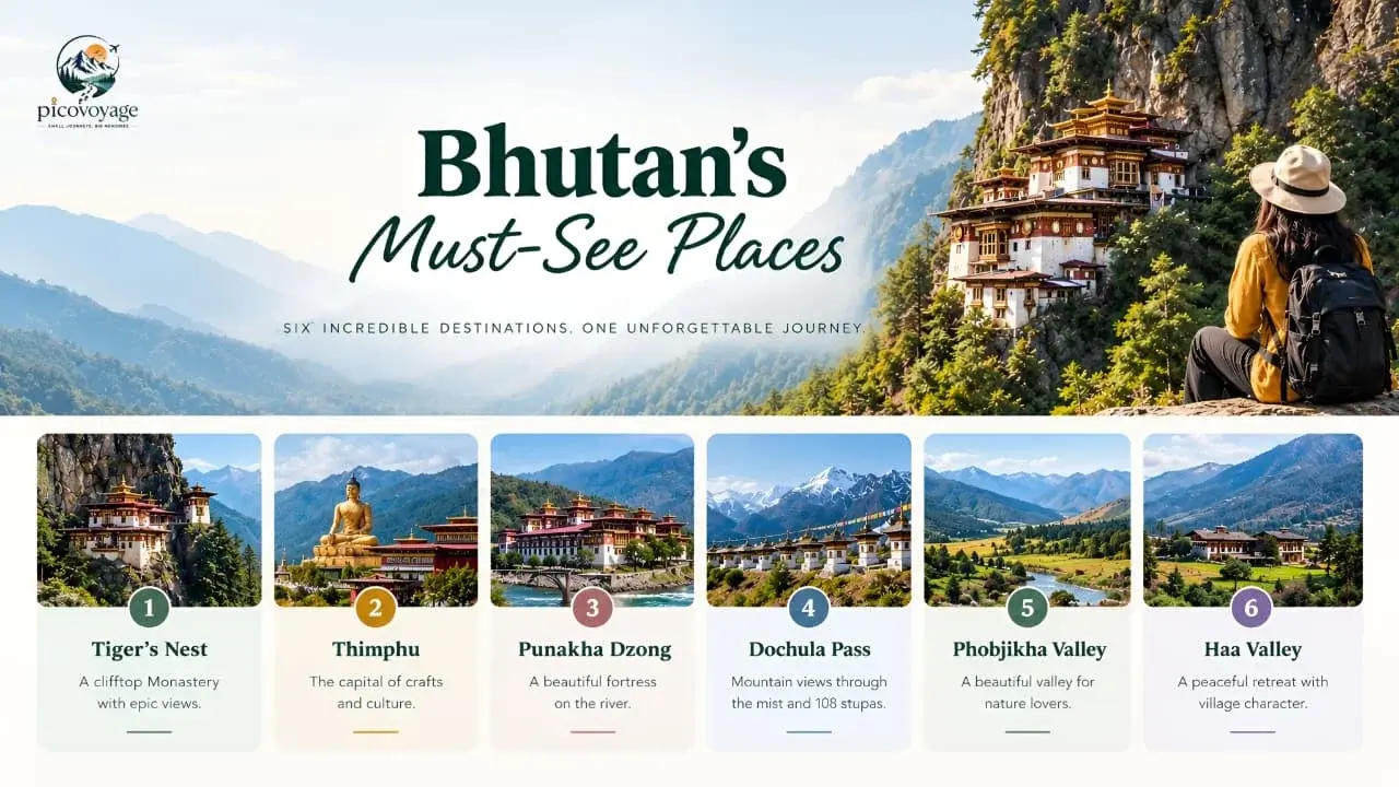 Bhutan’s Must-See Places,” featuring a scenic mountain backdrop, a traditional Bhutanese monastery, and a backpacker overlooking the landscape. Six destination cards highlight Tiger’s Nest, Thimphu, Punakha Dzong, Dochula Pass, Phobjikha Valley, and Haa Valley, showcasing Bhutan’s monasteries, mountain views, and peaceful valleys.
