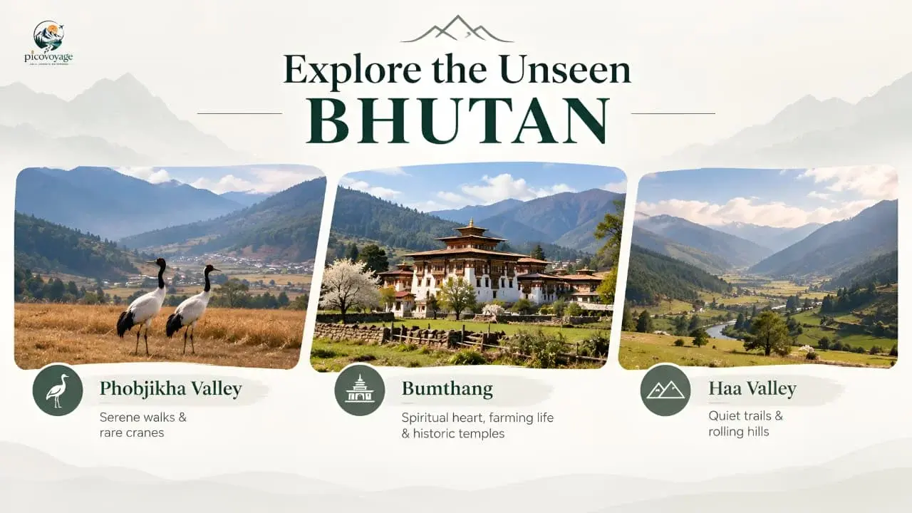 “Explore the Unseen Bhutan,” highlighting three peaceful destinations: Phobjikha Valley, known for its rare black-necked cranes and serene walks; Bumthang, celebrated for its historic temples, spiritual heritage, and farming landscapes; and Haa Valley, featuring quiet trails, rolling green hills, and scenic Himalayan mountain views.