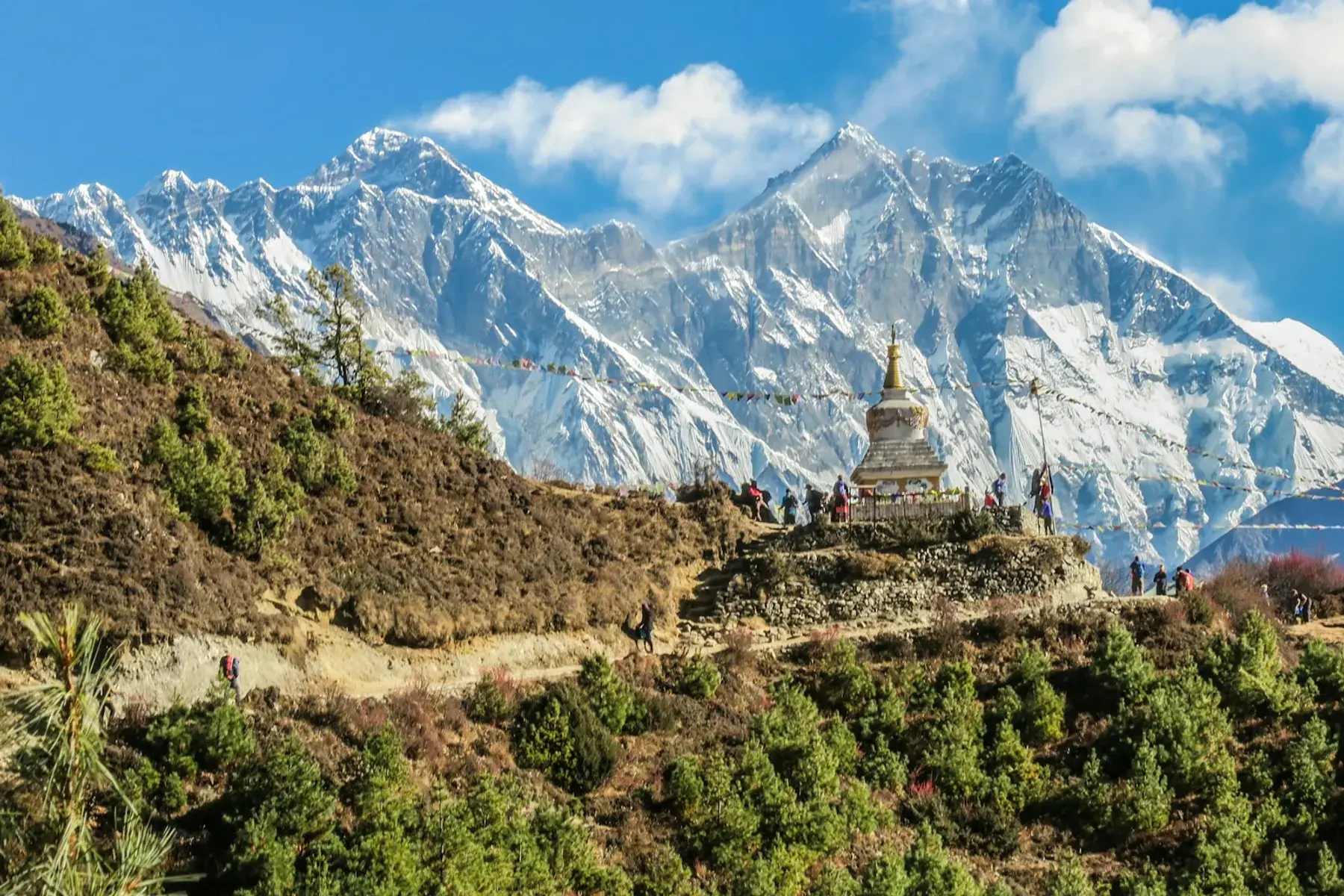 Himalayan peaks above a trail; illustrative photograph