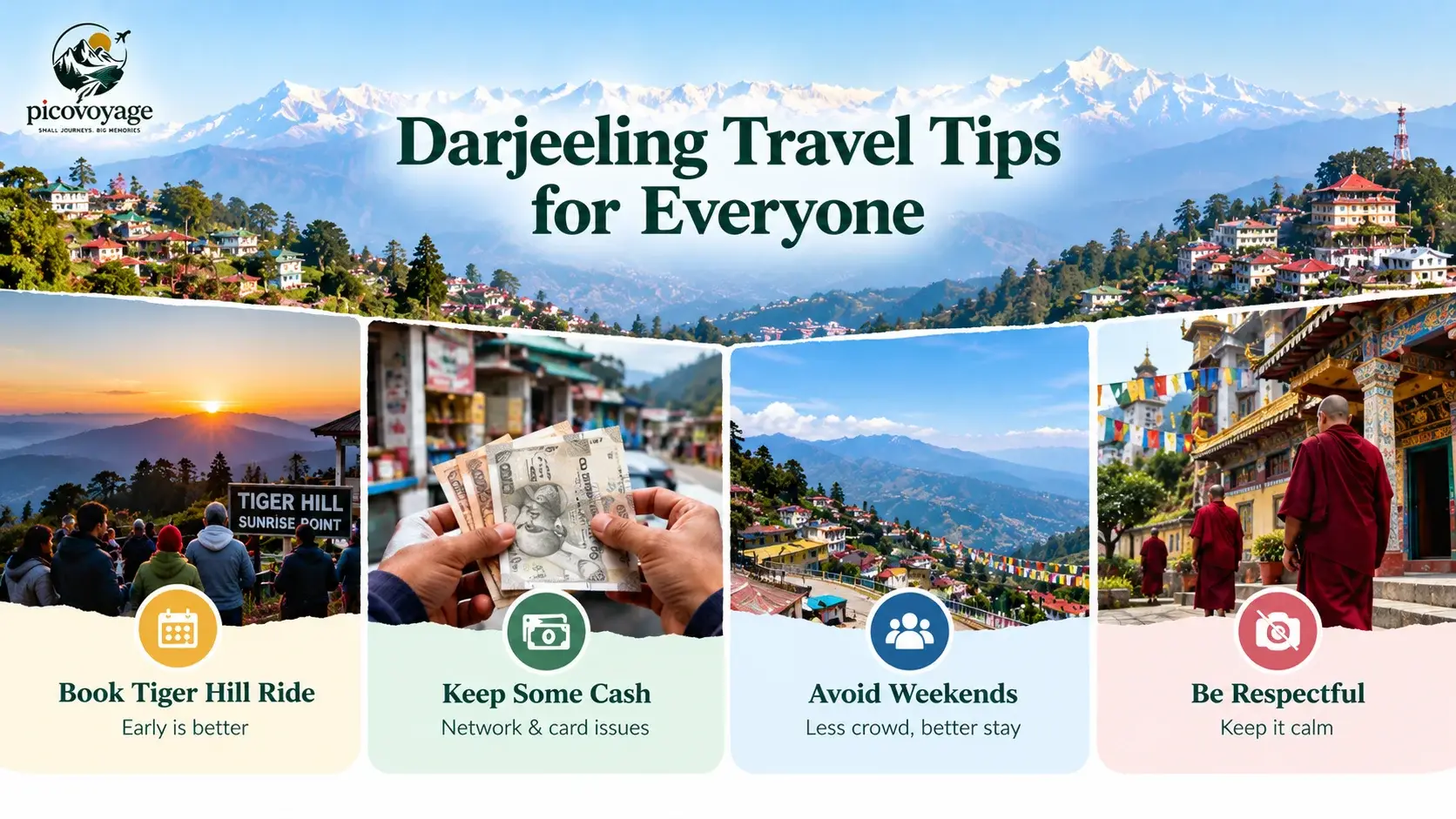 “Darjeeling Travel Tips for Everyone,” featuring Himalayan mountain views and four essential travel tips: book the Tiger Hill sunrise ride early, carry cash for network and card issues, avoid weekends for a quieter trip, and respect monastery customs.