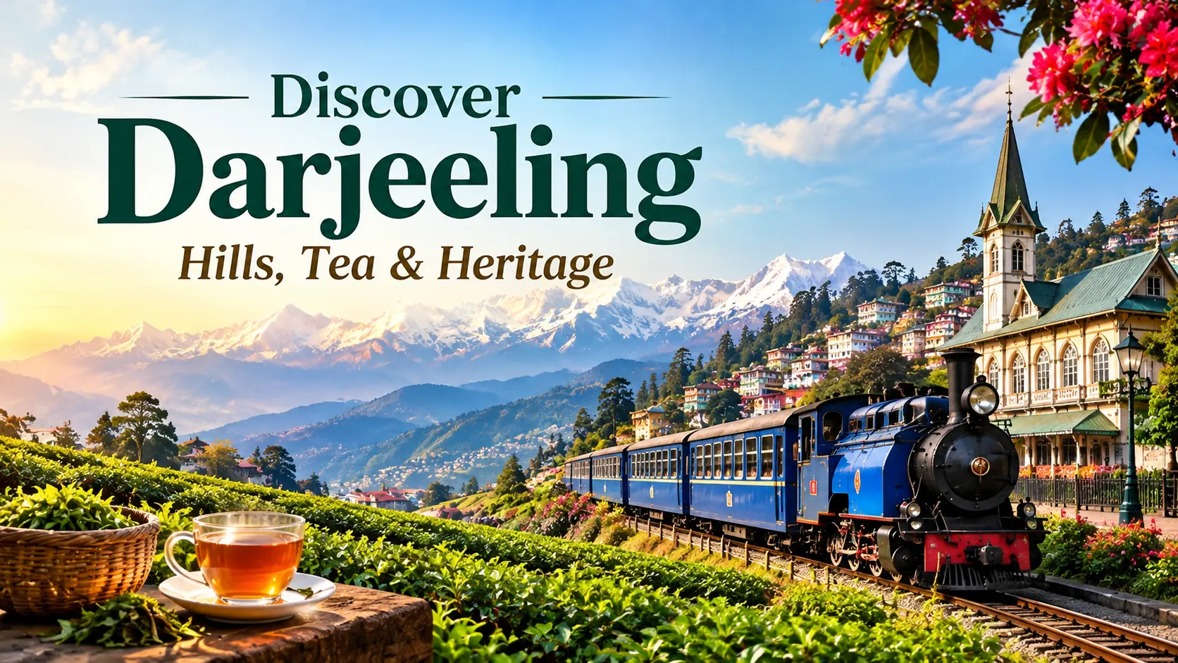 A scenic Darjeeling travel thumbnail featuring snow-capped Himalayan mountains, vibrant tea gardens, a blue heritage toy train, and charming colonial architecture. The title “Discover Darjeeling: Hills, Tea & Heritage” appears prominently against the bright mountain sky.
