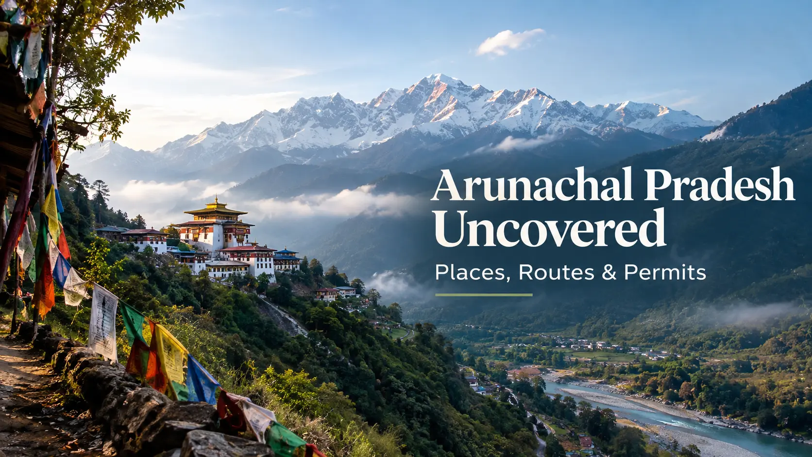 Arunachal Pradesh’s breathtaking Himalayan landscape features snow-capped mountains, a peaceful riverside valley, and a beautiful monastery surrounded by lush green hills. The elegant serif typography and soft mist create a premium travel-guide thumbnail, highlighting “Arunachal Pradesh Uncovered: Places, Routes & Permits.”