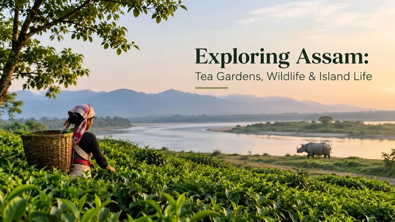 A breathtaking view of Assam’s lush tea gardens, where rolling greenery meets the serene beauty of the Brahmaputra River. Experience the region’s rich wildlife, iconic one-horned rhinoceros, and peaceful river islands. Discover Assam’s unique blend of natural beauty, cultural heritage, and timeless charm.