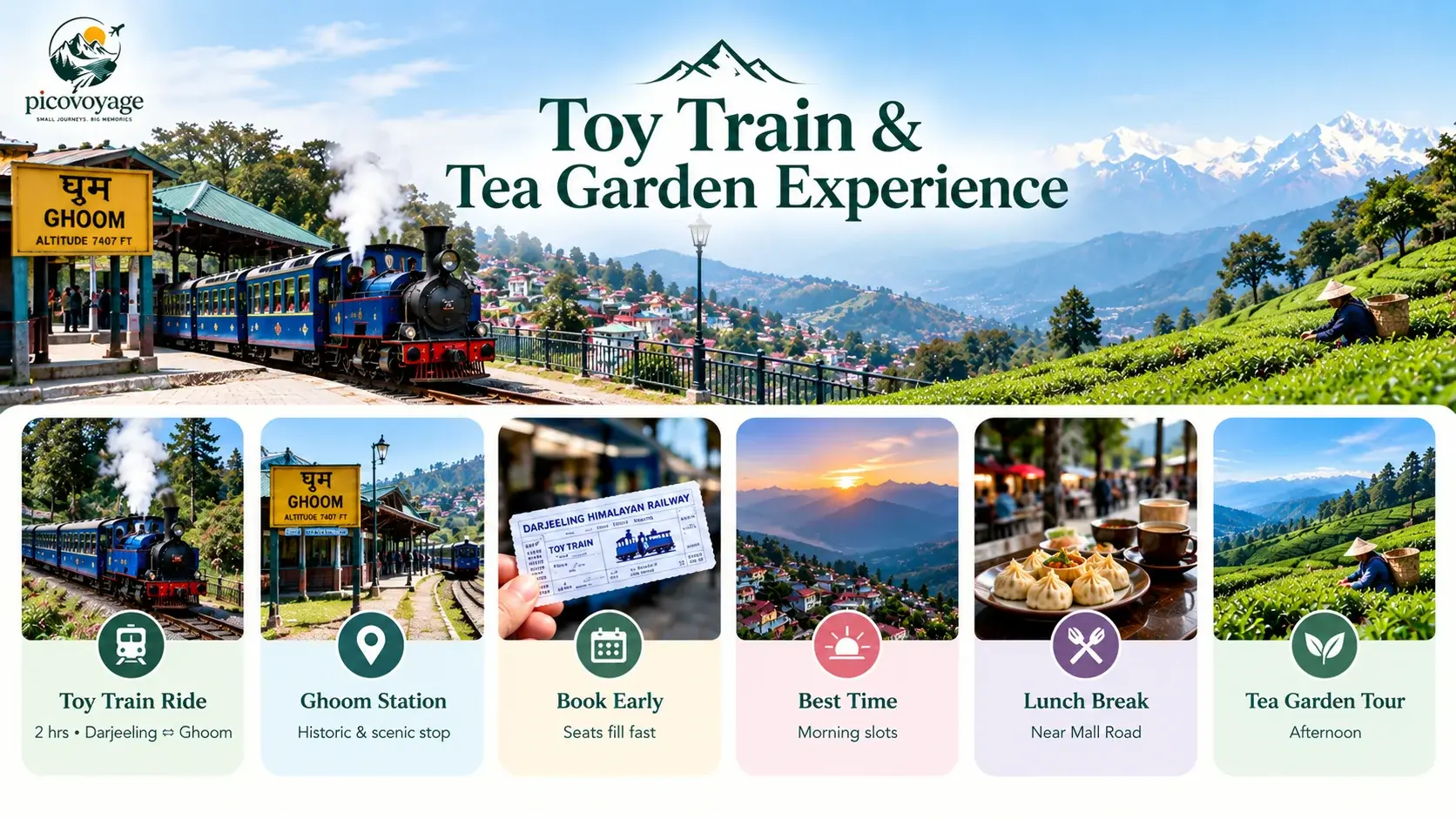 “Toy Train & Tea Garden Experience,” featuring the Darjeeling Himalayan Railway steam train, Ghoom Station, and scenic Himalayan mountains. Six panels highlight the toy train ride, Ghoom Station, early ticket booking, morning sunrise views, a lunch break near Mall Road, and an afternoon tea garden tour.