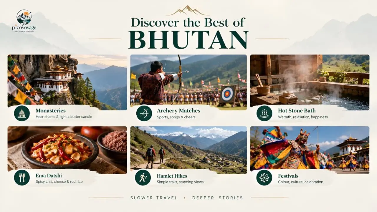 Discover the Best of Bhutan,” showcasing six cultural and nature experiences: visiting cliffside monasteries, watching traditional archery matches, enjoying a hot stone bath, tasting Ema Datshi, hiking through scenic mountain hamlets, and celebrating vibrant local festivals. The images highlight Bhutan’s rich traditions, local cuisine, Himalayan landscapes, and peaceful cultural atmosphere.
