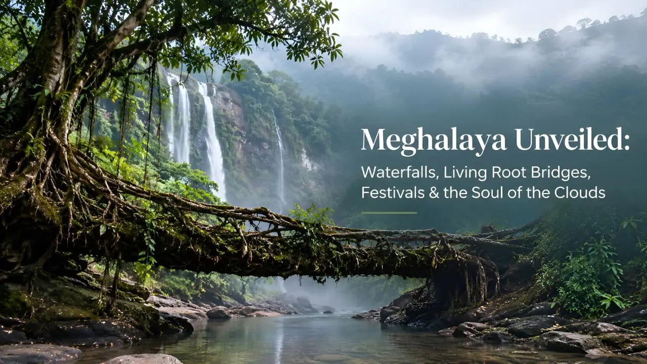 Discover Meghalaya’s magical beauty, where majestic waterfalls cascade through misty green hills and ancient living root bridges connect nature and tradition. Experience vibrant festivals, peaceful rivers, and the enchanting charm of the “Abode of Clouds.”